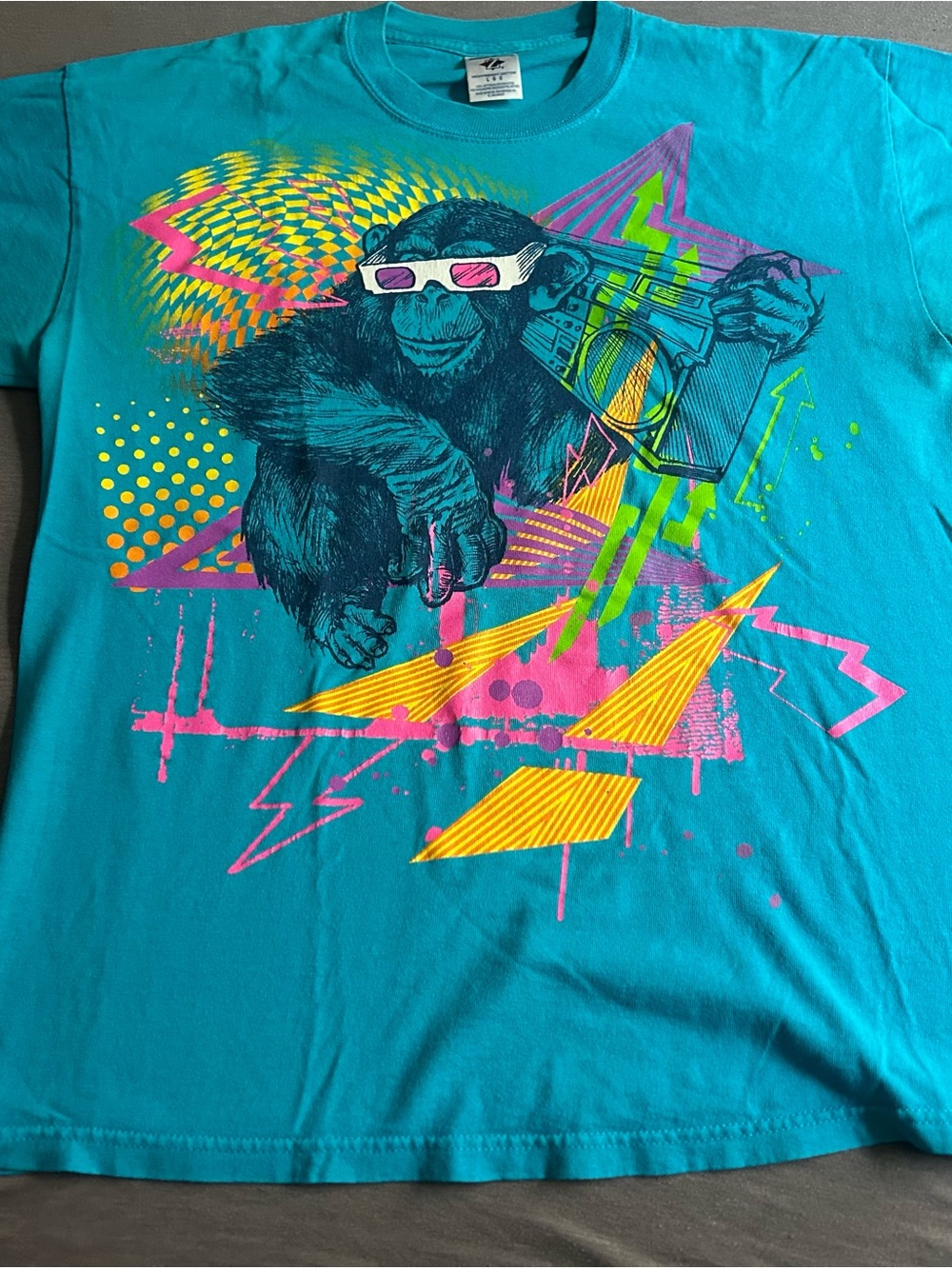 Jerzees Retro 80s Vaporwave Chimp Boombox Graphic Tee Size Large Teal